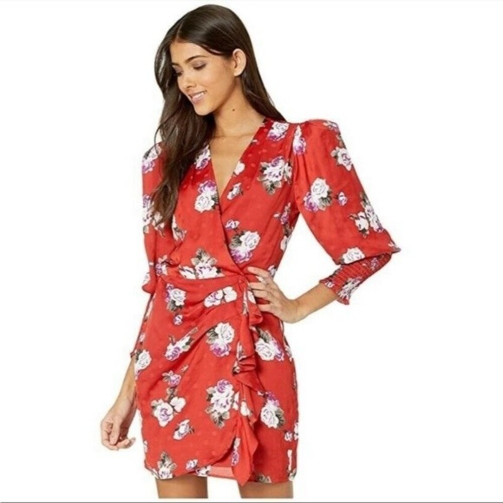WAYF Red Roses Ruffle Wrap Mini Dress XS - Picture 2 of 15